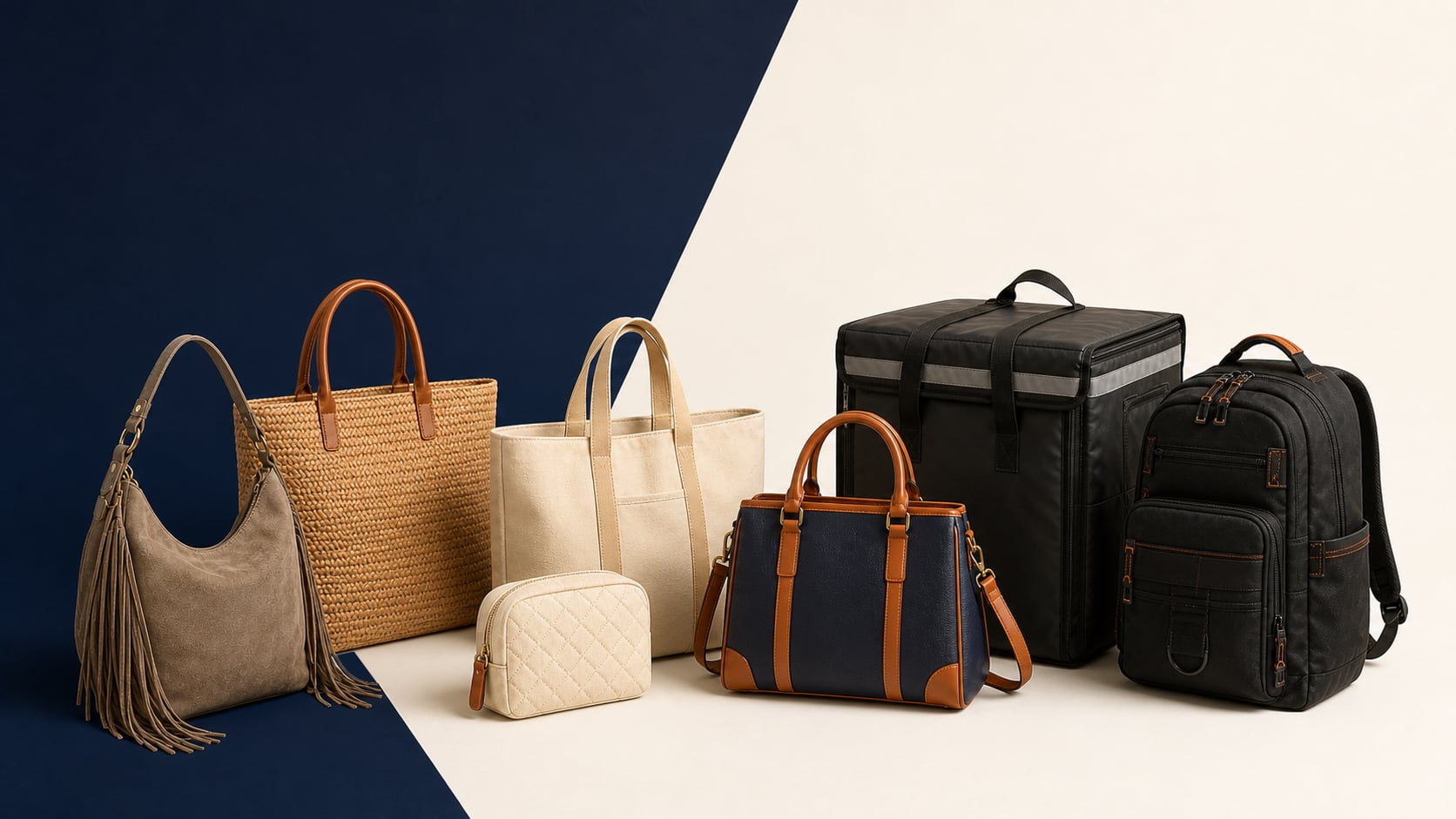 Range of unbranded bag types Connect5 manufactures: tool backpack, insulated delivery case, structured handbag, canvas tote, cosmetic pouch, raffia tote and suede shoulder bag